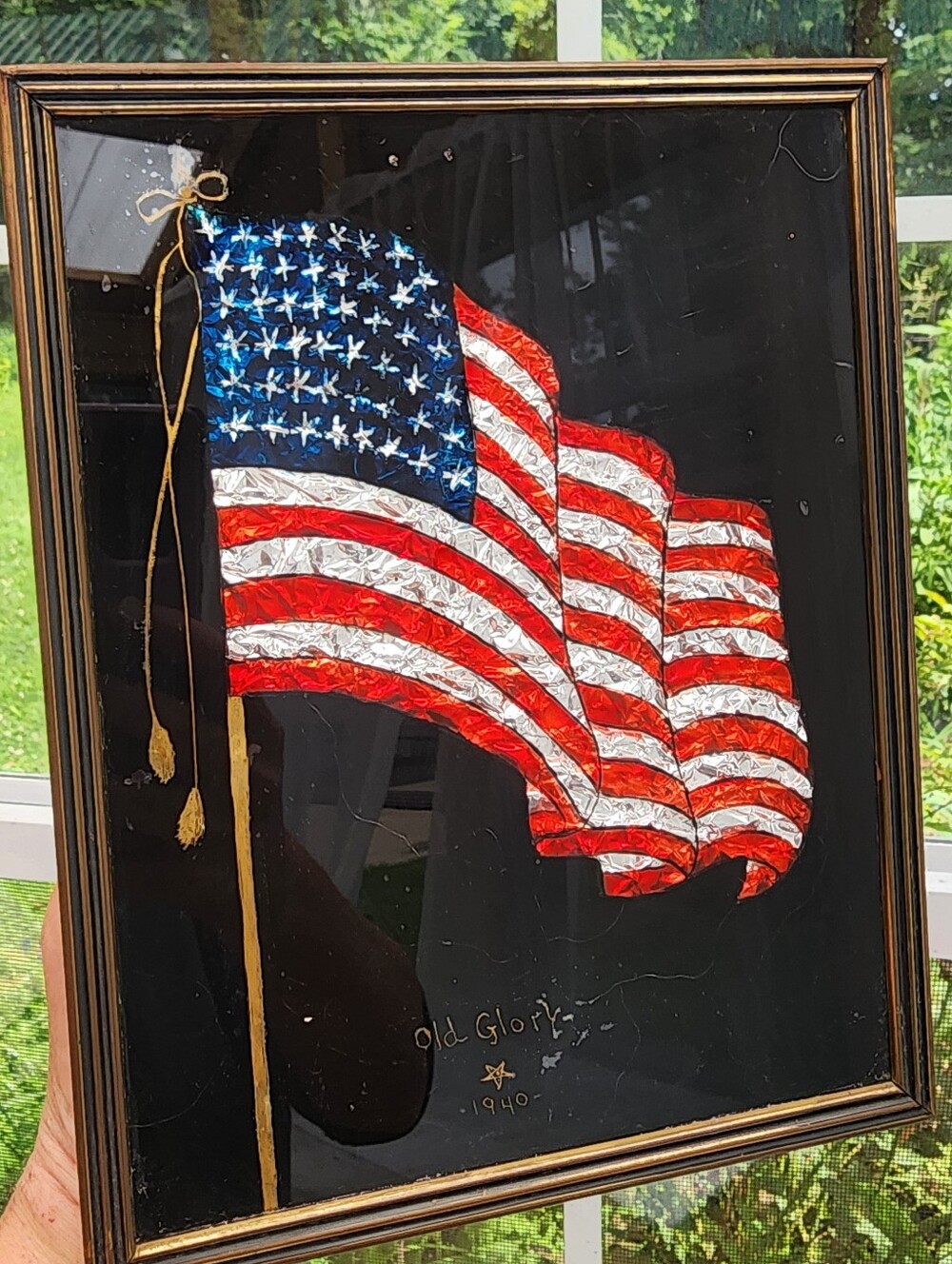Vtg 1940 Tinsel Art American Flag Reverse Painted Folk Art Old Glory 48 Star 🌟